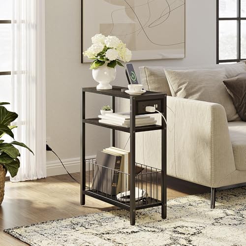 TRIFEBLE Narrow Side Table with Charging Station, Small End Table for Small Spaces, Slim Nightstand with Storage Basket, 3 Tier Skinny Bedside Table for Living Room, Bedroom, Black - color: Black, style: With Basket & Power