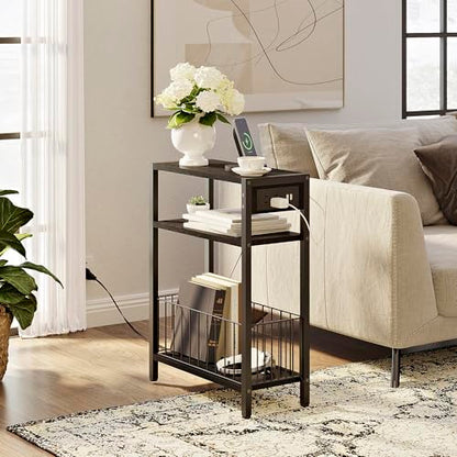 TRIFEBLE Narrow Side Table with Charging Station, Small End Table for Small Spaces, Slim Nightstand with Storage Basket, 3 Tier Skinny Bedside Table for Living Room, Bedroom, Black - color: Black, style: With Basket & Power
