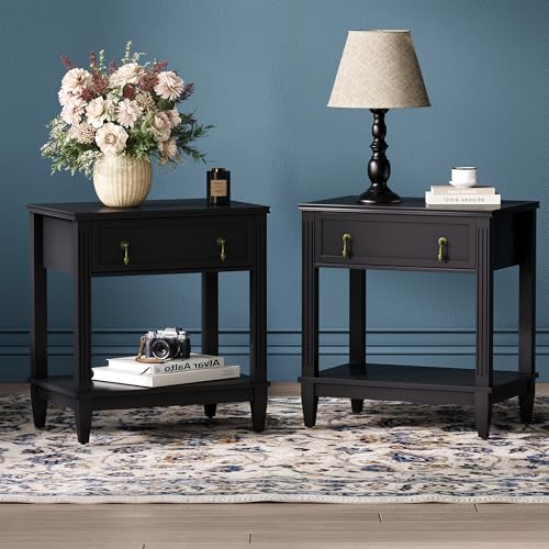 24 Inch Nightstands Set of 2 with Drawer, Side Table with 1 Drawer and Open Shelf, Vintage Small Bedside Table with Handles, 2-Tier Storage Shelves End Table for Bedroom, Dorm (Black) - color: Black