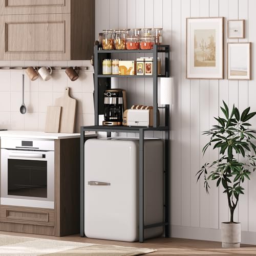 MAHANCRIS Bakers Rack with Mini Fridge Shelf, 3-Tier Microwave Stand, Coffee Bar Station with Paper Holder, Freestanding Kitchen Storage Rack, for Kitchen, Black BRBK5401 - color: Black