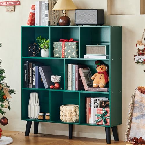 LEYAOYAO 8 Cube Bookshelf,Mid-Century Modern Bookcase with Legs,Dark Green | 3 Tier Book Shelf,Rustic Wood Bookshelves Freestanding Large Storage Organizer, Open Shelves for Bedroom, Living Room, Office - color: Dark Green, size: 8 Cube with Legs