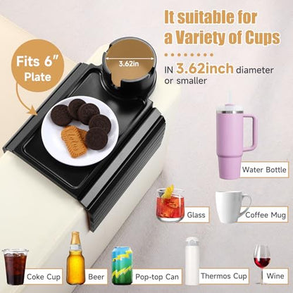 Couch Cup Holder Tray,Foldable Sofa Arm Clip on Tray Table with 360° Rotation Cup Holder,Bamboo Anti-Slip Couch Armrest Table for Coffee Cup,Water Bottles,Mug,Snacks,Remote on Large Armrest - color: Black