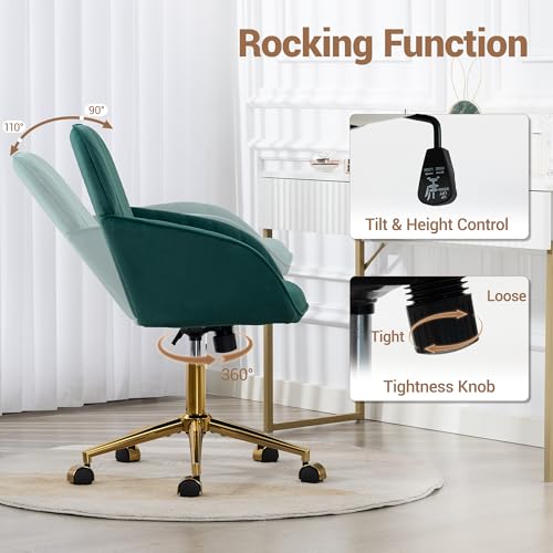 Velvet Make Up Vanity Chair with Wheels and Gold Base 330 Lbs - Green | Home office Chair, Study Chair, Teacher Chair, Cute Chair, Height Adjustable Swivel Desk Chair, for Living Room Study Room - color: Green