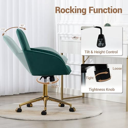 Velvet Make Up Vanity Chair with Wheels and Gold Base 330 Lbs - Green | Home office Chair, Study Chair, Teacher Chair, Cute Chair, Height Adjustable Swivel Desk Chair, for Living Room Study Room - color: Green
