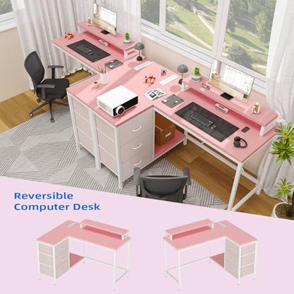 Patikuin L Shaped Desk with Power Outlets & LED Lights, Computer Desk with Drawers & Shelves, Corner Desk Gaming Desk Home Office Desk,Pink - color: Pink