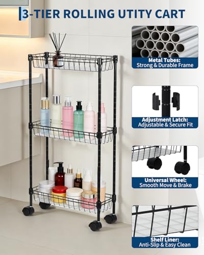 4-Tier Slim Rolling Storage Cart, 5.91" Wide Narrow Metal Utility Cart on Wheels, Multi-Functional Adjustable Shelving Unit with Anti-Fall Pads for Kitchen Gap, Bathroom, Laundry Room, Black - size: 3-tier