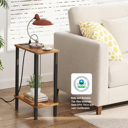 TUTOTAK Small End Table with Charging Station, Narrow Side Table with USB Ports and Outlets, Skinny Sofa Table, Slim Nightstand, Living Room, Bed Room, Brown TB01BB060 - color: Brown, size: 2-tier