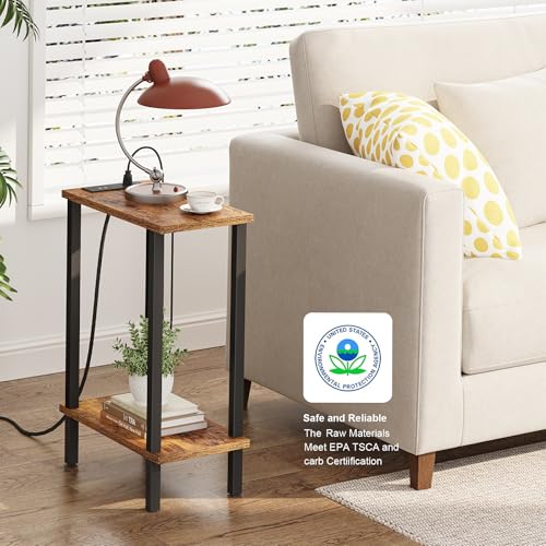 TUTOTAK Narrow Side Table Set of 2, Small End Table with Charging Station | 2-Tier Skinny Sofa Table, Slim Nightstand, Easy Assembly for Living Room, Bedroom, Brown TB01BB0602 - color: Brown, size: 2-tier