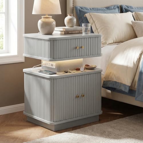 Nightstand with Charging Station, Modern Night Stand with Smart Led Light and 2 Small Sliding Door Cabinets, Curvy Edge, Bedside Table for Bedroom, Grey - color: Grey
