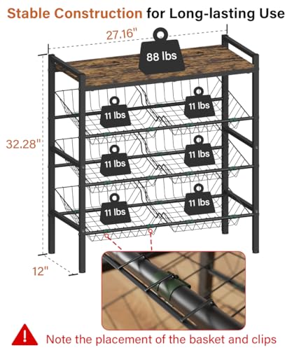 4-Tier Fruit and Vegetable Storage Rack with Wood Top & 6 Removable Baskets, Small Kitchen Island, Pantry Floor Organizer Stand Shelves for Onion Potato Snack Storage, Black - style: 6 Baskets-Black