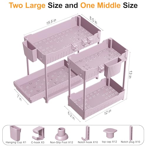 Sevenblue 3 Pack Under Sink Organizers, 2-Tier Multi-Use Kitchen and Bathroom Organizers and Storage with Sliding Drawers, Bathroom Cabinet Organizer (Pink, 14.8 Inch) | Multi-use kitchen & bathroom storage, 14.8 inch pink cabinet organizer, space-saving