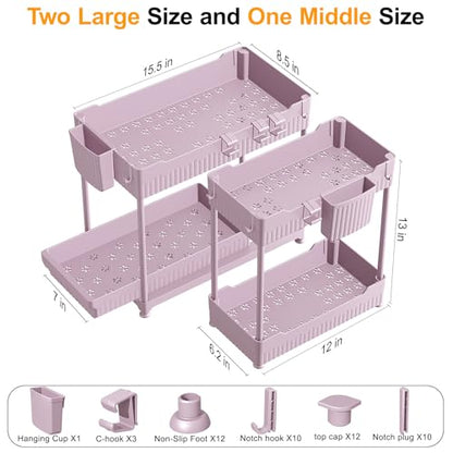 Sevenblue 3 Pack Under Sink Organizers, 2-Tier Multi-Use Kitchen and Bathroom Organizers and Storage with Sliding Drawers, Bathroom Cabinet Organizer (Pink, 14.8 Inch) | Multi-use kitchen & bathroom storage, 14.8 inch pink cabinet organizer, space-saving