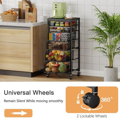 6-Tier Kitchen Storage Cart -Fruit Vegetable Storage Cart with Drawers, Wooden Top Metal Wire Kitchen Organizer and Storage Cart with Wheels to Storage Onions Potatoes Cans Snacks for Kitchen - size: 6-Tier Black