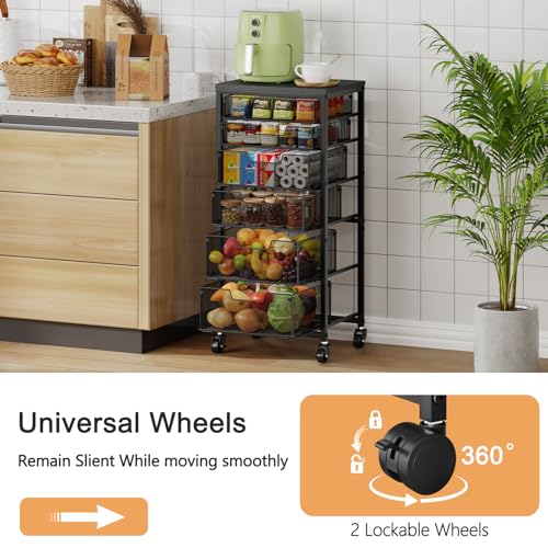 6-Tier Kitchen Storage Cart -Fruit Vegetable Storage Cart with Drawers, Wooden Top Metal Wire Kitchen Organizer and Storage Cart with Wheels to Storage Onions Potatoes Cans Snacks for Kitchen - size: 6-Tier Black