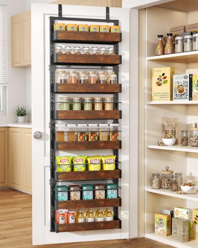 SNTD 8 Tiers Over the Door Organizer - Height Adjustable Pantry Organizers and Storage with Dense Mesh Baskets, Hanging Door Spice Rack for Kitchen Bathroom (Rustic Brown, 17" W x 6" D x 69" H) - color: Rustic Brown, size: 17" W x 6" D x 69" H