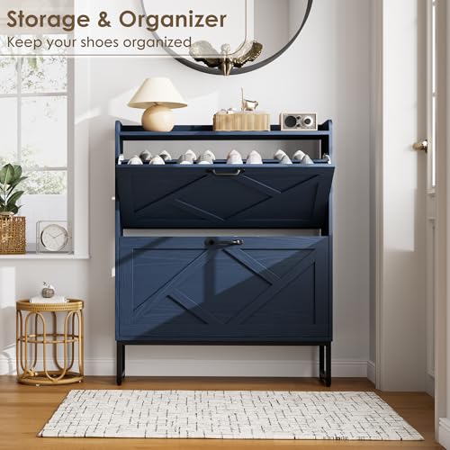 Nicetree Shoe Storage Cabinet, Shoe Cabinet with 2 Flip Drawers, Narrow Shoe Rack Cabinet, Farmhouse Slim Shoe Cabinet Storage for Entryway,Blue - color: Navy Blue
