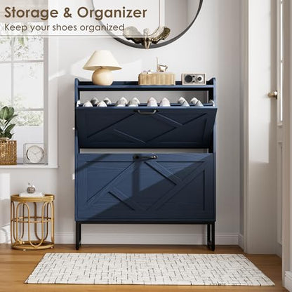 Nicetree Shoe Storage Cabinet, Shoe Cabinet with 2 Flip Drawers, Narrow Shoe Rack Cabinet, Farmhouse Slim Shoe Cabinet Storage for Entryway,Blue - color: Navy Blue