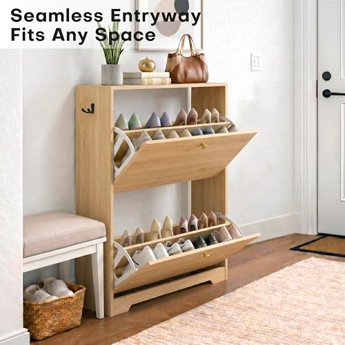 Nicetree Shoe Cabinet with 2 Flip Drawers, Narrow Shoe Organizer Cabinet, Freestanding Shoe Rack Cabinet, Modern Shoe Storage Cabinet for Entryway, Hallway, Foyer Natural Oak with Hook - color: Natural Oak, style: 2-Drawers with Hook