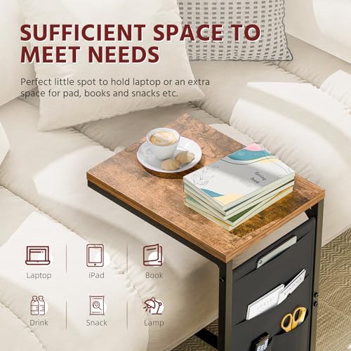 Simple Trending C Shaped End Table, Side Table TV Trays Set of 2 with Fabric Storage Bag, Couch Sofa Table for Living Room, Rustic Brown - size: Long Table Top Two-piece Set With Storage Bag