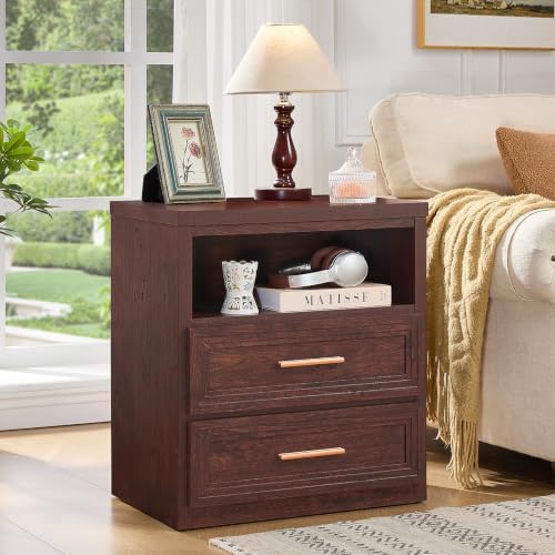 RWYHG 24'' Wide Farmhouse Night Stand with 2 Drawers,Wood Nightstand | Modern End Table Open Storage Shelf, Metal Handle, Mid-Century Bed Side Table for Bedroom, Living Room, Walnut - color: Walnut