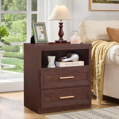 RWYHG 24'' Wide Farmhouse Night Stand with 2 Drawers,Wood Nightstand | Modern End Table Open Storage Shelf, Metal Handle, Mid-Century Bed Side Table for Bedroom, Living Room, Walnut - color: Walnut