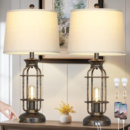 28" Vintage Table Lamps for Living Room, Industrial Farmhouse Table Lamp with USB C+A Ports & Outlet, Rustic Nightstand Bedside Lamps with 2 Night Light for Bedroom End Tables Bronze, 4 Bulbs Included - color: Bronze
