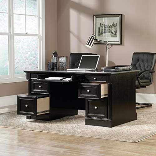 Sauder Palladia Office Desk with Drawers, Executive Desk with File Cabinet Storage, Cable Management, Keyboard Tray, in Wind Oak Finish - color: Wind Oak