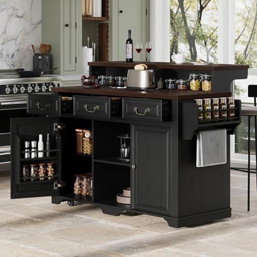 Merax 53.2" Two-Tier Kitchen Island with Storage, Farmhouse Kitchen Island with Power Outlet, 4 Door Shelves, Adjustable Shelves, 3 Drawers, Rolling Island Table, Bar Cabinet for Kitchen, Ash Black - color: Ash Black