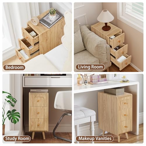 Small Nightstand Set of 2, Narrow Nightstand Slim Couch Side Table with Drawers, Wood End Tables with Storage for Living Room, Bedroom, Small Spaces (Natural-2pcs) - color: 3drawers-natural-2pcs