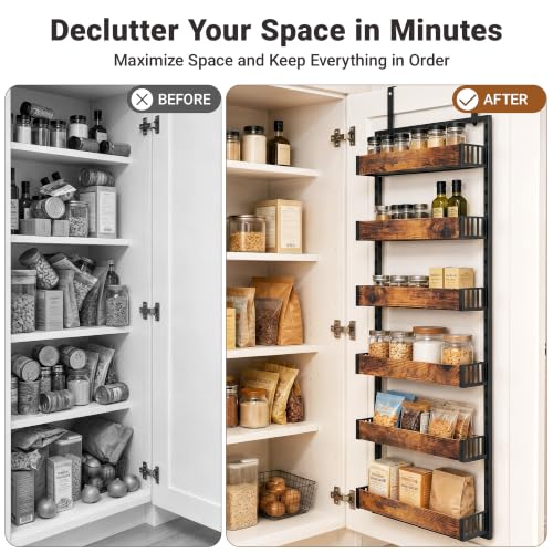 6-Tier Over the Door Pantry Organizer, 2-in-1 Door Hanging or Wall Mounted Spice Rack, Space Saving Metal Storage Shelves with Adjustable Baskets for Kitchen, Closet, Bathroom