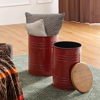 Glitzhome Rustic End Table Set of 2, Farmhouse Galvanized Metal Barrel Ottoman Storage Stool with Round Wood Lid for Living Room Furniture, Red - color: Red