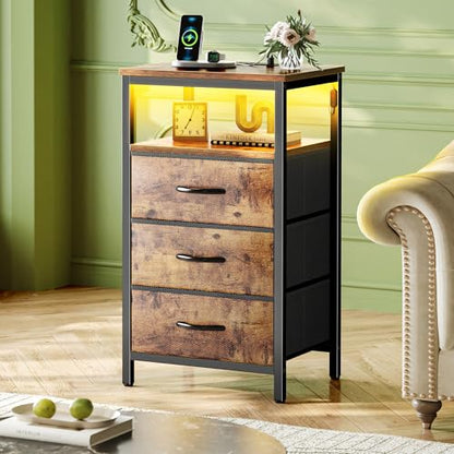 Huuger Night Stand with Charger Station and LED Lights, 3 Drawer Nightstand, Bed Side Table with Open Shelf, End Table, Tall Fabric Dresser for Bedroom, Rustic Brown - color: Rustic Brown, size: 11.8"D x 15.7"W x 27.6"H（3 Drawers）