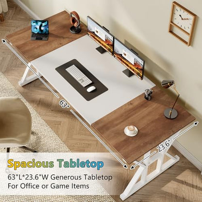 TVU Computer Desk, 63 inch Large Office Desk, Study Writing Table with Thicken Frame, Gaming Desk, Modern Simple Desk for Home Office, Brown/White - color: Brown+white, size: 63inch