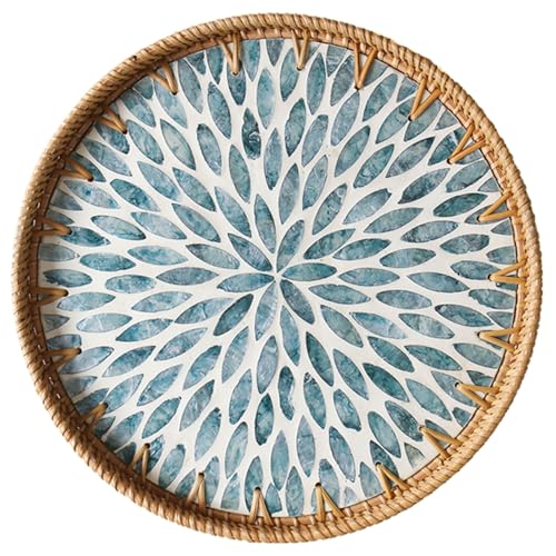 Round Rattan Tray with Mother of Pearl Inlay, Wooden Base | Coffee Table Serving Tray, Home Decorative Wicker Woven, for Outoor Patio Decor - color: Light Blue
