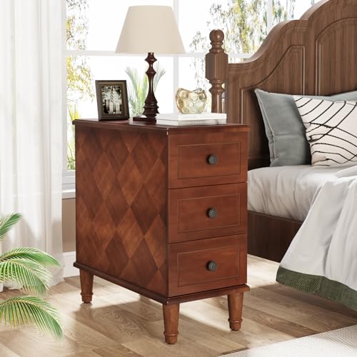 LITTLE TREE Fully Assembled End Table, Narrow Side Table with 3 Drawers, Pre-Assembled Nightstand Slim Bedside Table for Small Spaces, Living Room, Bedroom, Brown - color: Brown