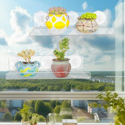 2 Pack Window Plant Shelves, 12 Inch Acrylic Suction Cup Shelves for Succulents, Herb Planters, Micro Greens, Bathroom Organizer, Display Stand & Cosmetics Storage