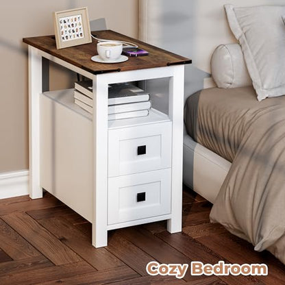 VVFLU Farmhouse End Table with Charging Station and 2 Storage Drawers, White Wood Nightstand Narrow, Skinny Side Table Rustic, Slim Bedside Table, Open Shelf, Small for Bedroom, Living Room, Sofa - color: White