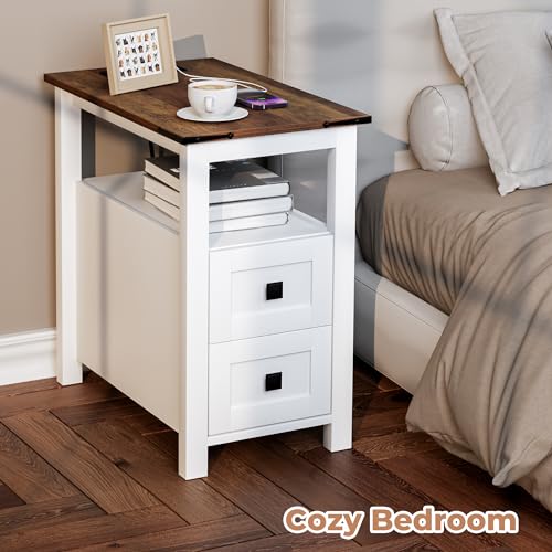 VVFLU Farmhouse End Table with Charging Station and 2 Storage Drawers, White Wood Nightstand Narrow, Skinny Side Table Rustic, Slim Bedside Table, Open Shelf, Small for Bedroom, Living Room, Sofa - color: White