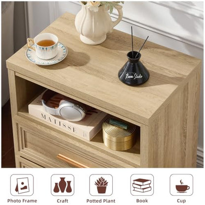 RWYHG 24'' Wide Farmhouse Night Stand with 2 Drawers,Wood Nightstand | Modern End Table Open Storage Shelf, Metal Handle, Mid-Century Bed Side Table for Bedroom, Living Room,Oak - color: Oak