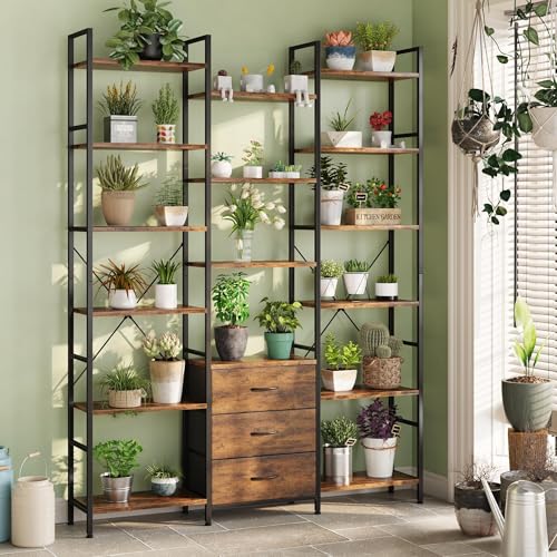 AFLUI Triple Bookshelf with 3 Fabric Drawers, 6-Tier Book Shelf and 10 Display Shelves, Industrial Large Bookcase for Home & Office, Rustic Brown, 47'' Wide - color: Rustic Brown, size: 6 Tier(47" W)