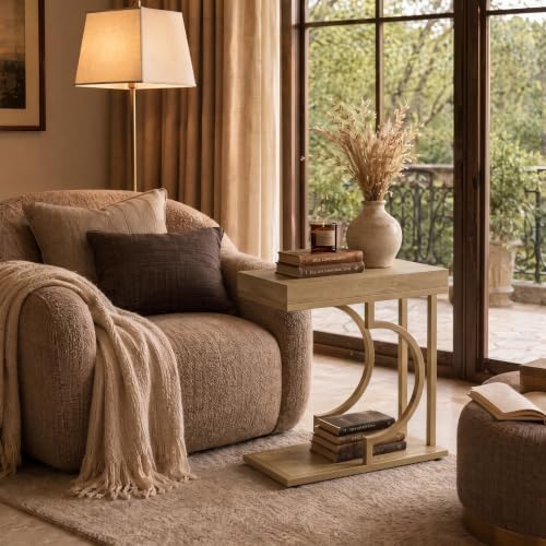 Tribesigns C Shaped Modern End Table for Coach with Metal Frame | Oak Wood Grain, Small Side Table for Living Room, Nightstand for Bedroom, Light Brown&Gold - color: Brown&gold