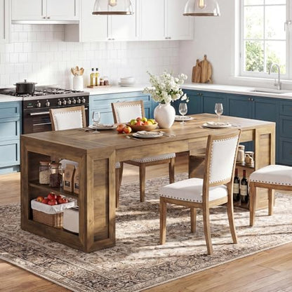 Tribesigns Farmhouse Dining Table with Storage Shelves, 70.8-Inch Large Rectangle Wooden Kitchen Dinner Table for 6 for Kitchen, Dining Room, Living Room