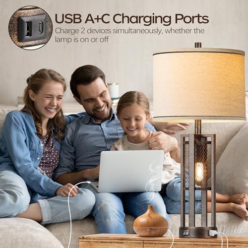 28'' Farmhouse Industrial Table Lamp Set of 2 - Rustic Bedside Nightstand Lamps with Dual USB A+C Ports, Bronze Metal Mesh Nightlight Desk Lamps for Bedroom Living Room, 4 LED Bulbs Included - color: Bronze-Set of 2