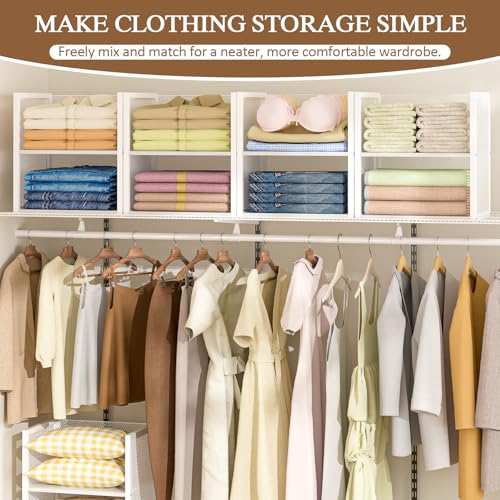 2-Tier Stackable Closet Organizers and Storage Basket, Wire Clothes Shelf Organizer Bins, Sweater Storage for Wardrobe Cupboard, Multifunctional Cube Storage Box for Kitchen Bath Laundry Room, White