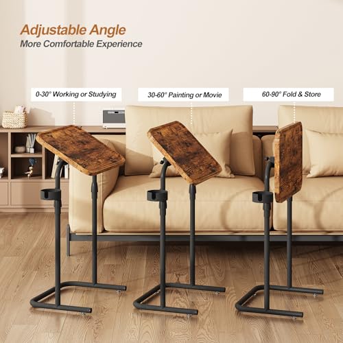 TUTOTAK C Shaped End Table with Tiltable Surface, Adjustable Height Side Table, Slide Under Couch Table TV Tray for Eating, Sofa Tray for Livingroom, Bedroom Brown TB01BB091 - color: Brown