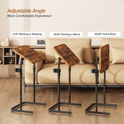 TUTOTAK C Shaped End Table with Tiltable Surface, Adjustable Height Side Table, Slide Under Couch Table TV Tray for Eating, Sofa Tray for Livingroom, Bedroom Brown TB01BB091 - color: Brown