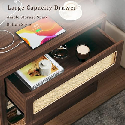 Rattan Nightstand, Night Stand with Wireless Charging, Mid Century Modern Bedside Table with Drawer & Open Shelf, Curved Profile Design, End Side Table with Storage for Bedroom, Walnut - color: Walnut