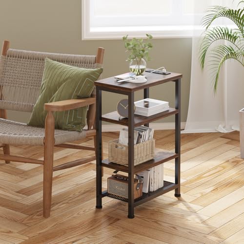 Narrow Nightstand with 4-Tier Shelves, Small Side Table with Charging Station, Skinny Nightstand with Bookshelf, Thin End Table with USB Ports and Outlets, Bed Side Table for Bedroom, Home Office