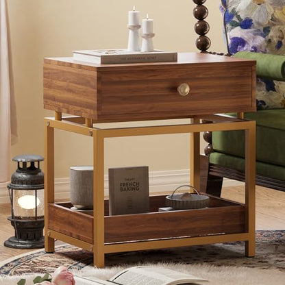 Night Stand Farmhouse Nightstand with Gold Metal Frame, Bedside Table with Drawer and Open Shelf, Sofa Side Table End Table for Bedroom, Living Room,Dark Walnut, 1 Pack - color: Dark Brown 22"