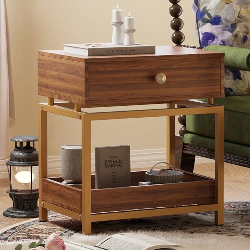 Night Stand Farmhouse Nightstand with Gold Metal Frame, Bedside Table with Drawer and Open Shelf, Sofa Side Table End Table for Bedroom, Living Room,Dark Walnut, 1 Pack - color: Dark Brown 22"